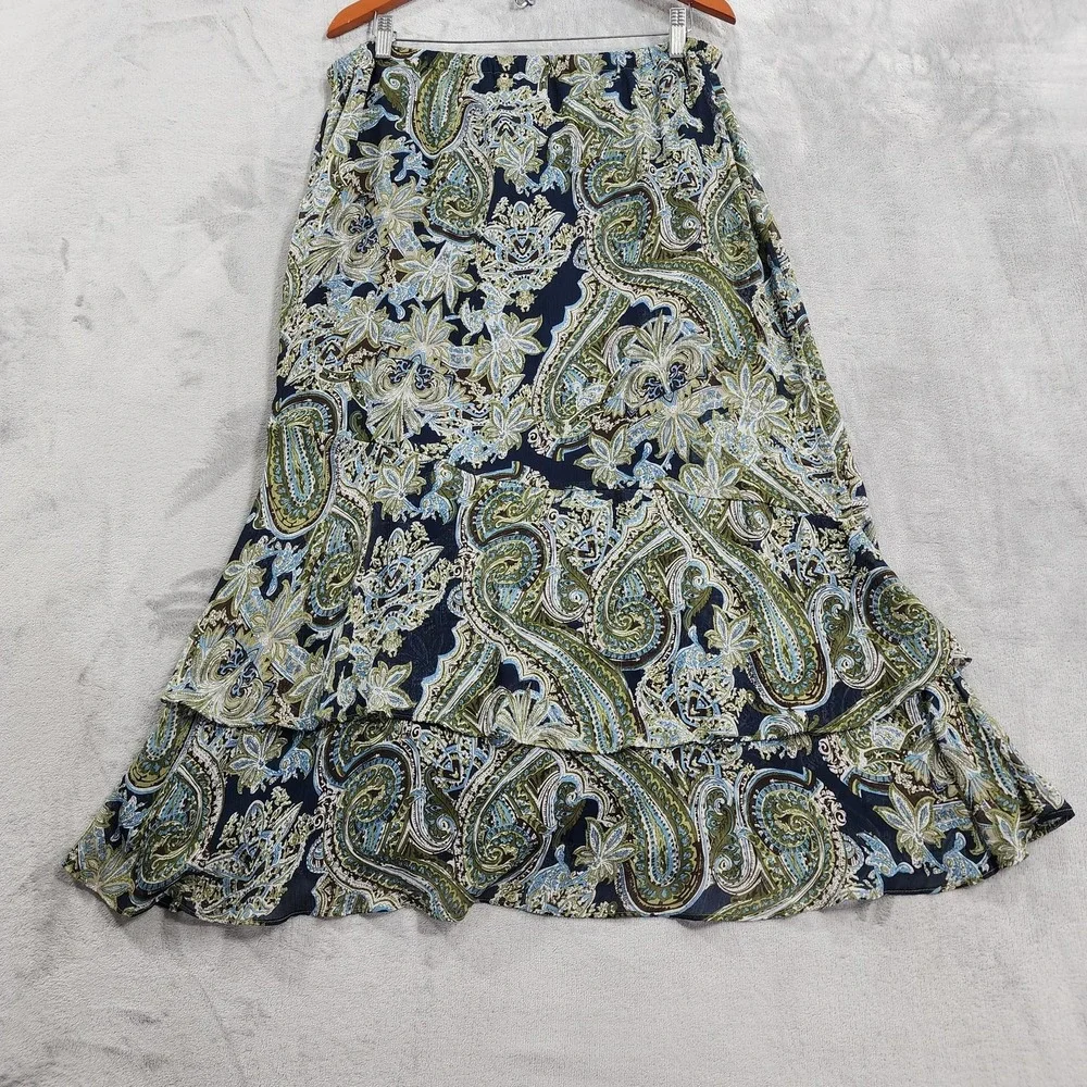 Vintage CJ Banks Skirt Womens X (14W) Blue Paisley Floral Ruffle Hem Chiffon